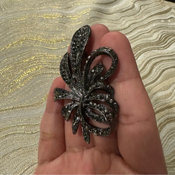 Art Nouveau Black Rhinestone Brooch Silver Tone Abstract Art Deco - Picture 6 of 17